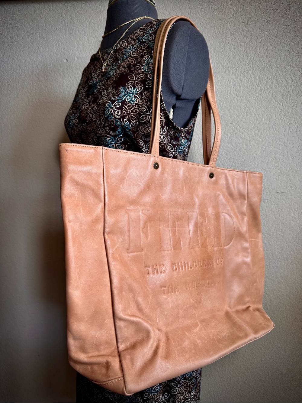 Large Leather Feed The Children Of The World Tote Bag Tan Brown Embossed